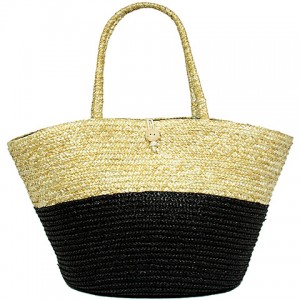 Straw Tote – 12 PCS Woven Wheat Straw Tote - 2 Tones - Black - BG-R11053BK